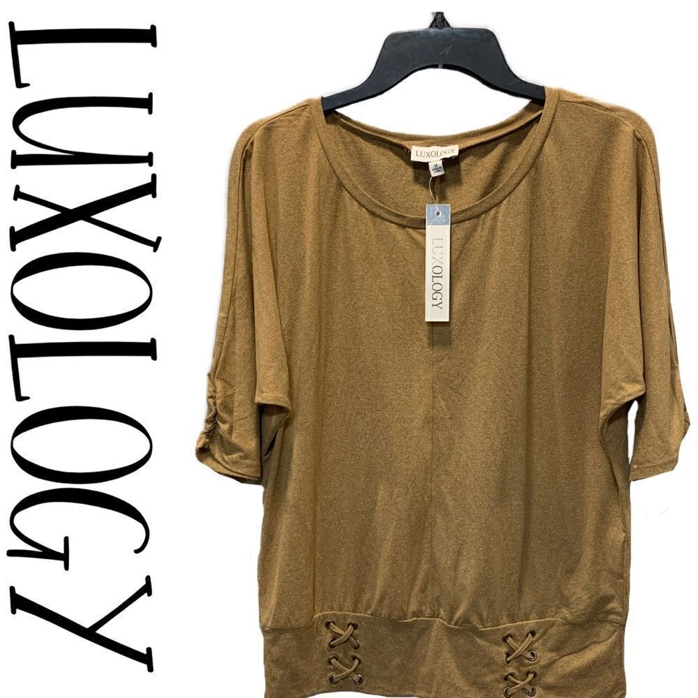 NWT Luxology tan 3/4 chinched sleeve tapered waist top - Picture 2 of 12
